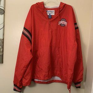 OHIO STATE BUCKEYES Men Red 1/4 Zip Pullover Nylon Rain Jacket Hoodie L Champion